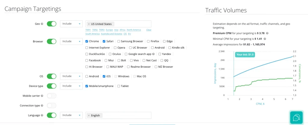Targeting and traffic forecast in HilltopAds