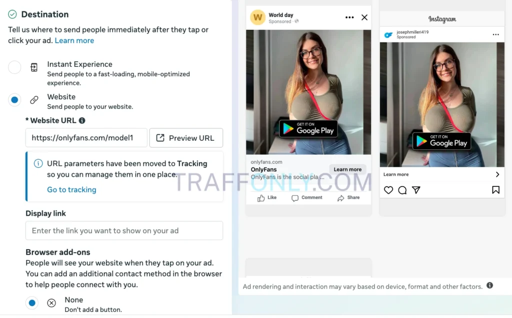 Ссылка назначения и предпросмотр объявления Facebook Ads
