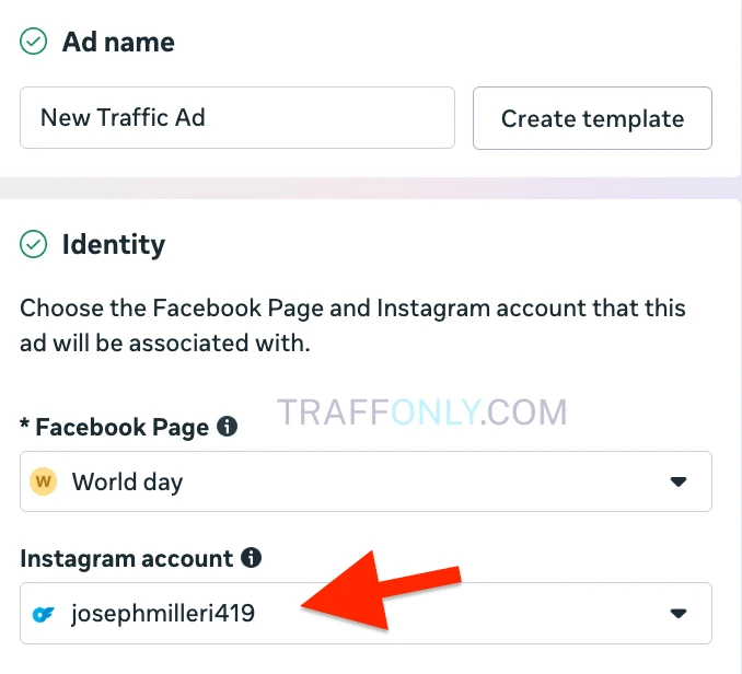 Выбор страницы Facebook и аккаунта Instagram для объявления