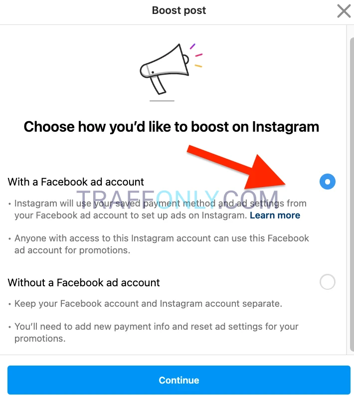 Выбор способа запуска рекламы в Instagram