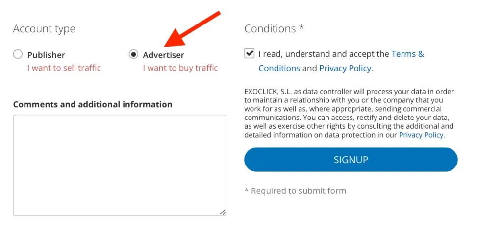 Selecting the Advertiser account type in ExoClick