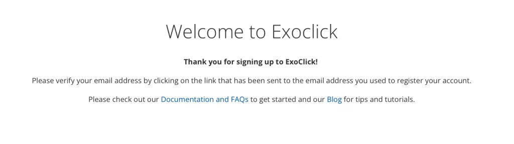ExoClick email confirmation message
