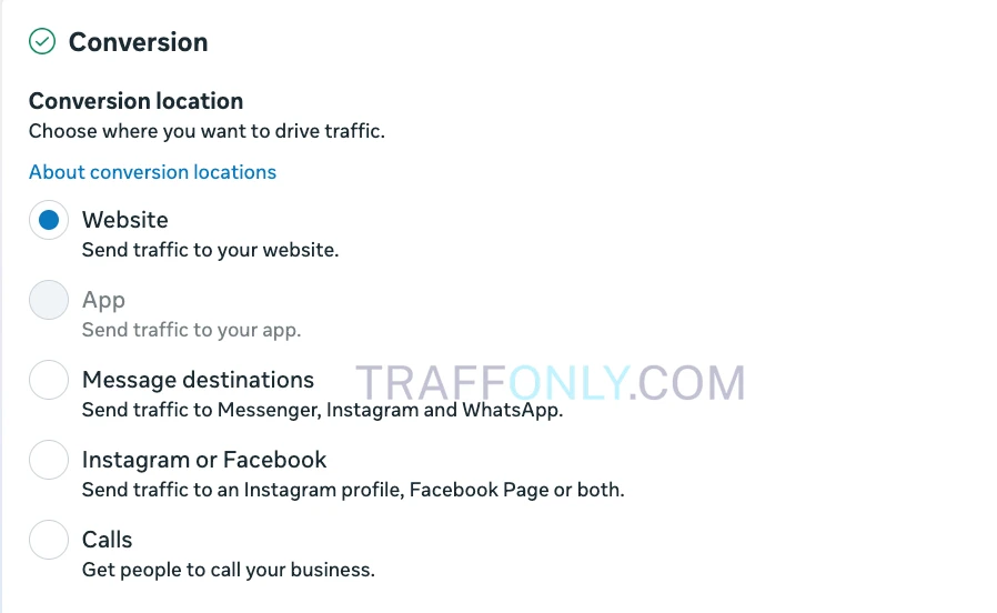 Выбор места конверсии в Facebook Ads