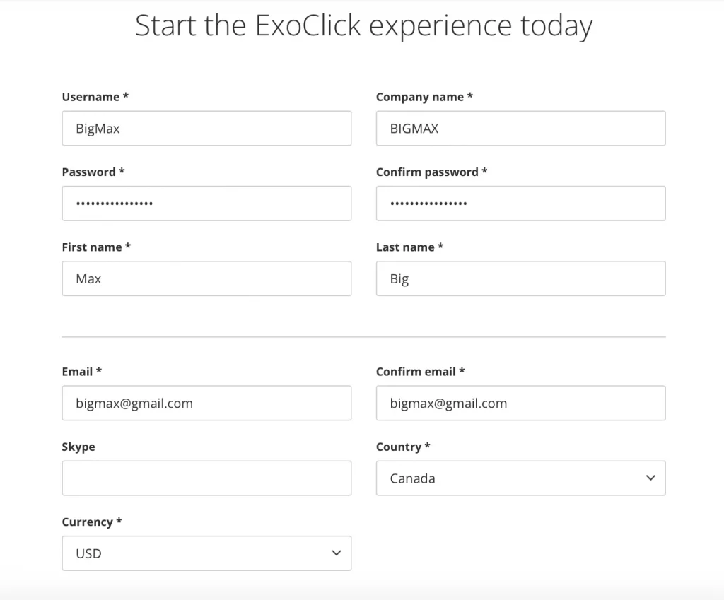 ExoClick advertiser registration form