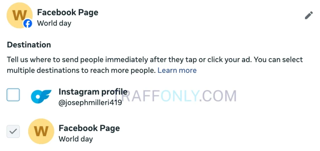 Настройки перехода на страницу Facebook