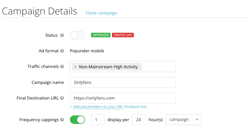 HilltopAds mobile popunder campaign settings