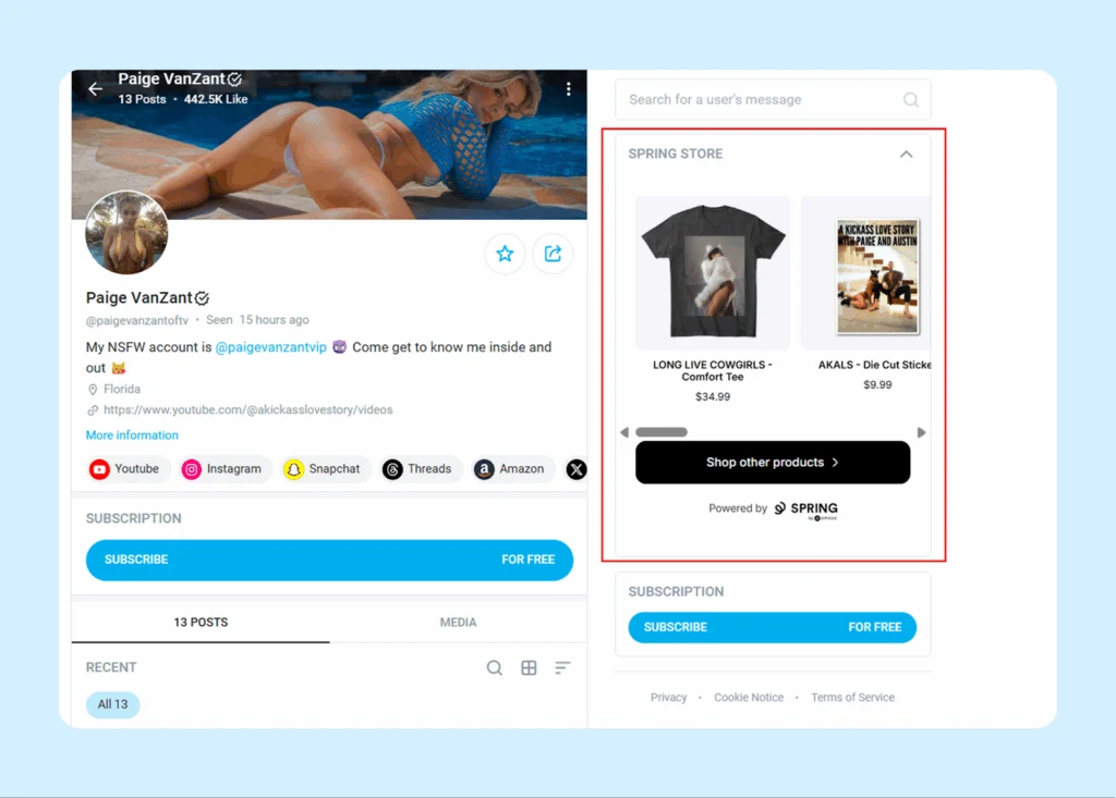 Витрина товаров в профиле модели на OnlyFans