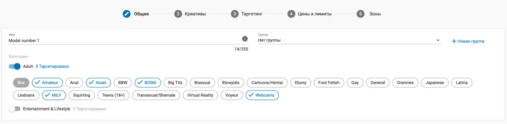 Selecting the Adult category and ad format in ExoClick