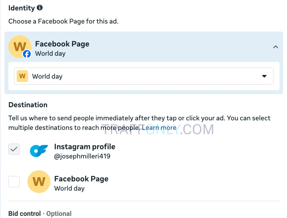Выбор профиля Instagram или страницы Facebook