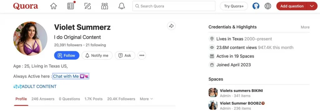 Example of a model profile on Quora