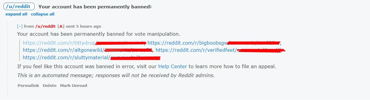 A Reddit notice of a permanent account suspension