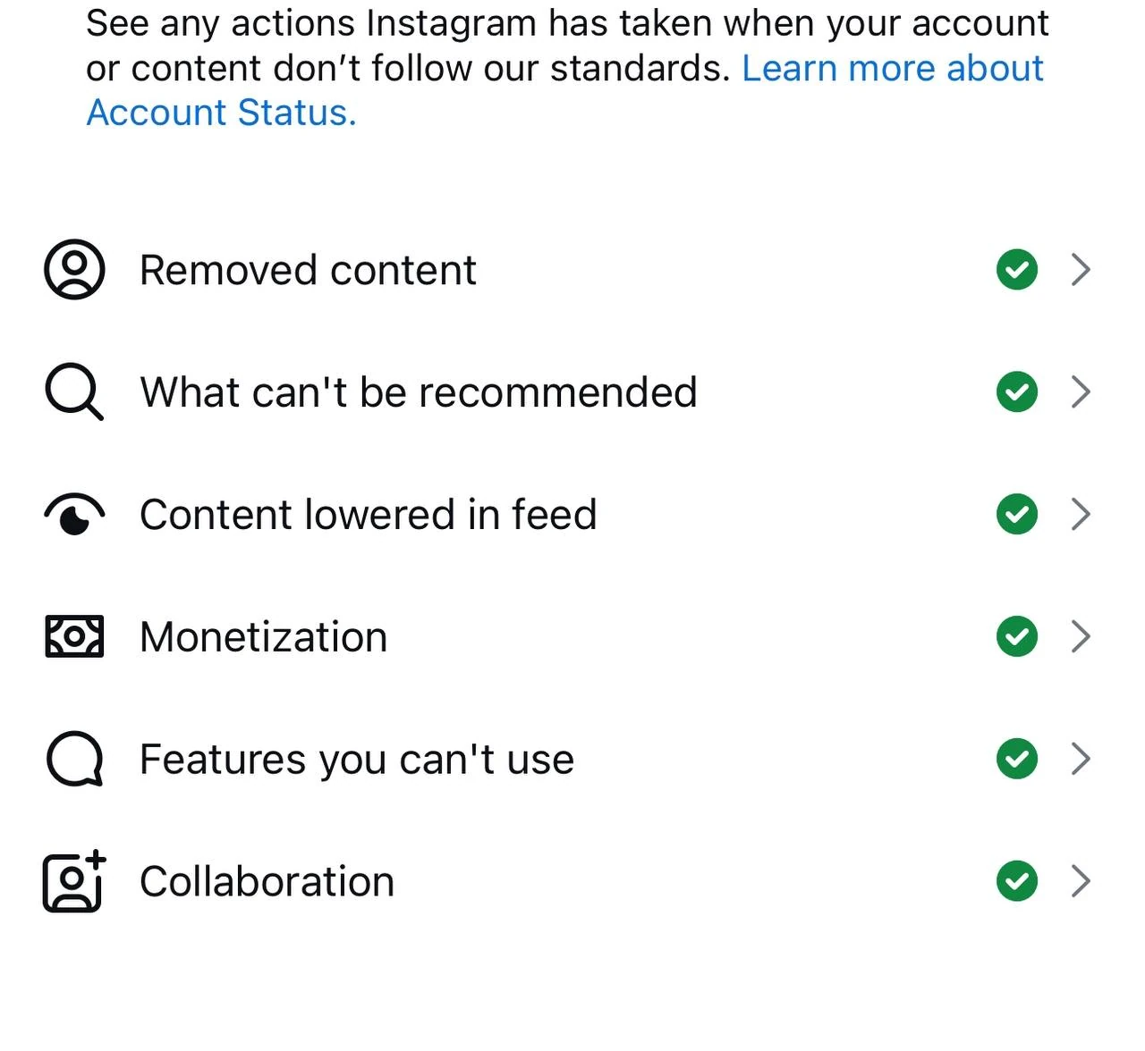Instagram Account Status and recommendation eligibility