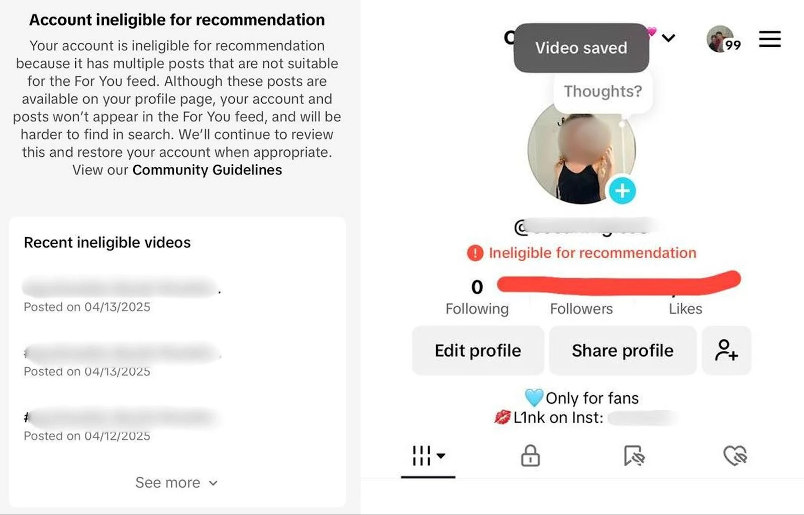 A TikTok notice that an account is ineligible for recommendations