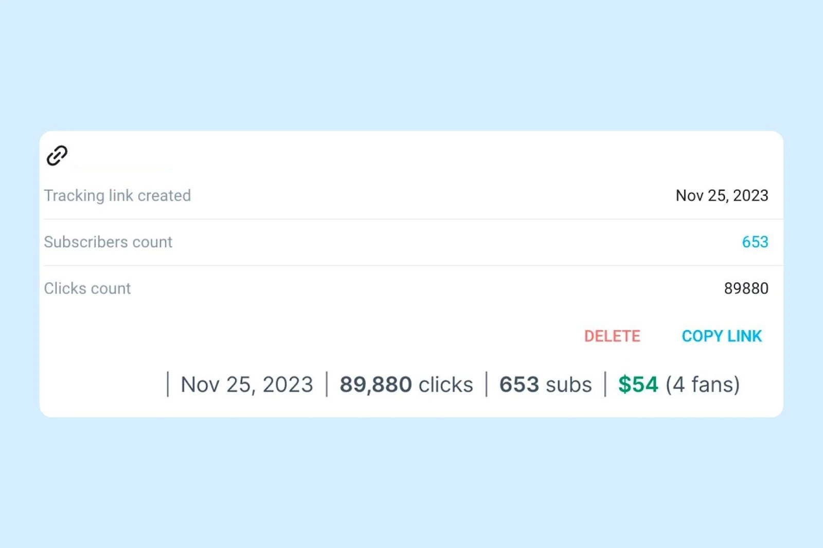 Clicks and subscribers recorded by an OnlyFans tracking link