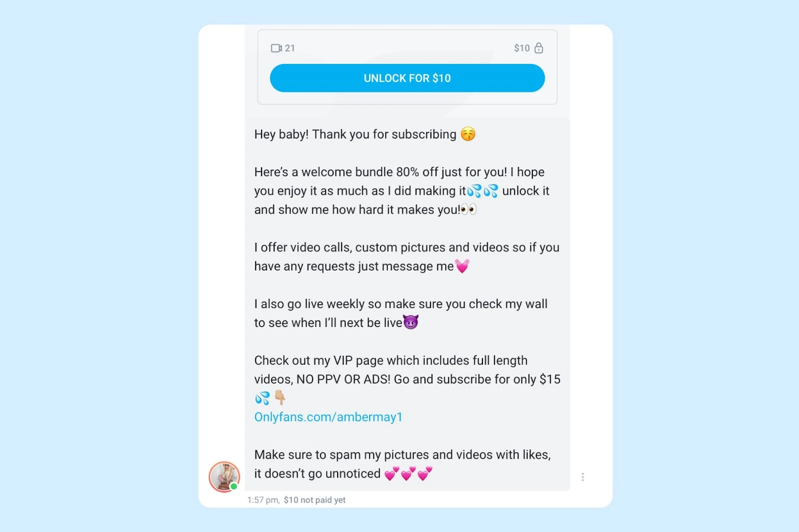 A paid welcome message on OnlyFans