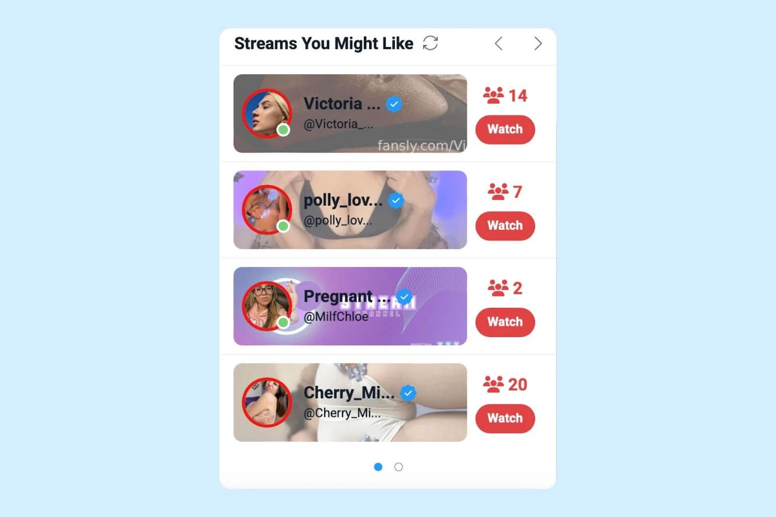 Recommended creator livestreams on Fansly