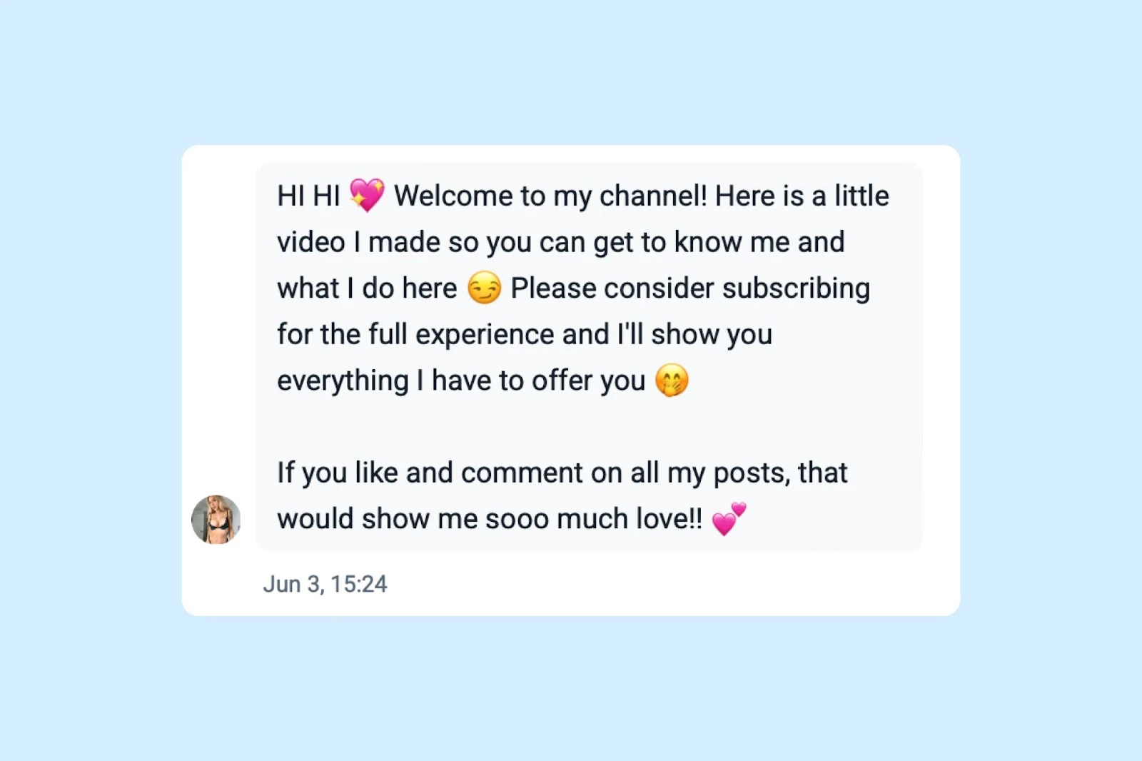 A welcome message for Fansly subscribers