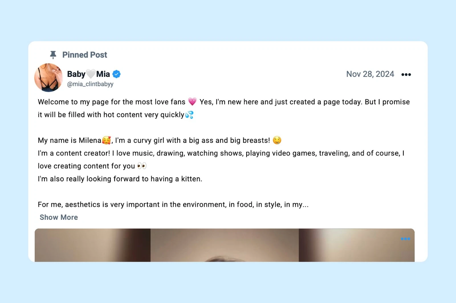 A pinned introduction post by a Fansly creator