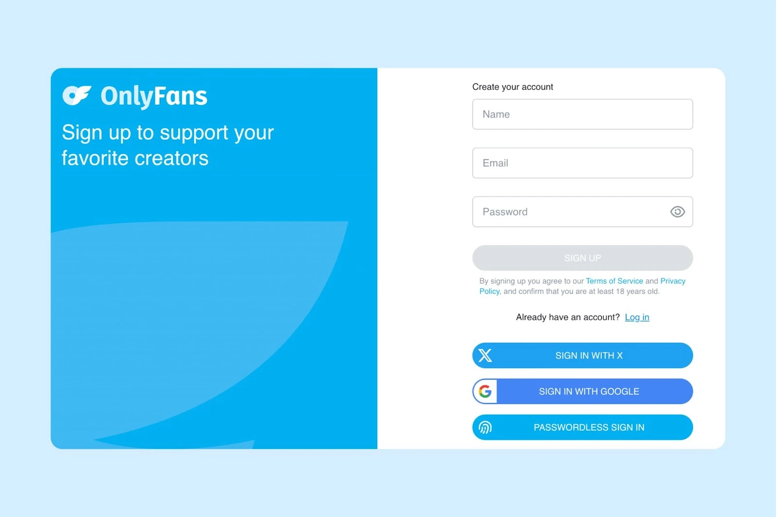 Форма регистрации аккаунта OnlyFans
