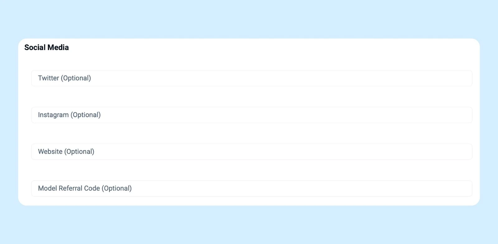 Social media link fields in the Fansly creator application