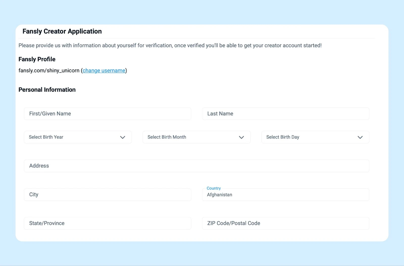 The Fansly creator application with personal information fields