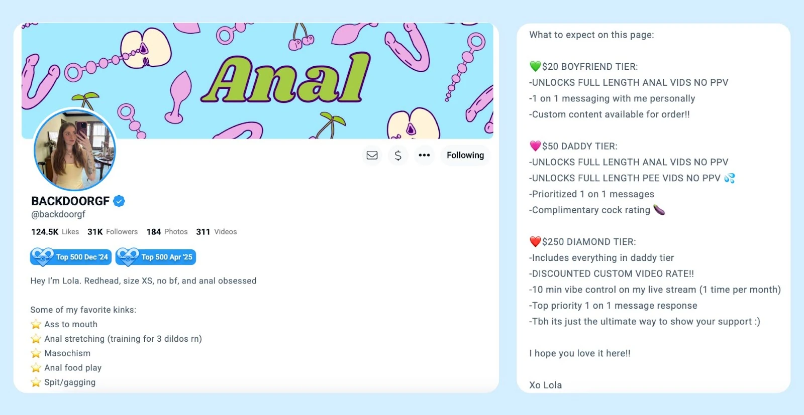 A Fansly profile and an expanded description of the creator’s content