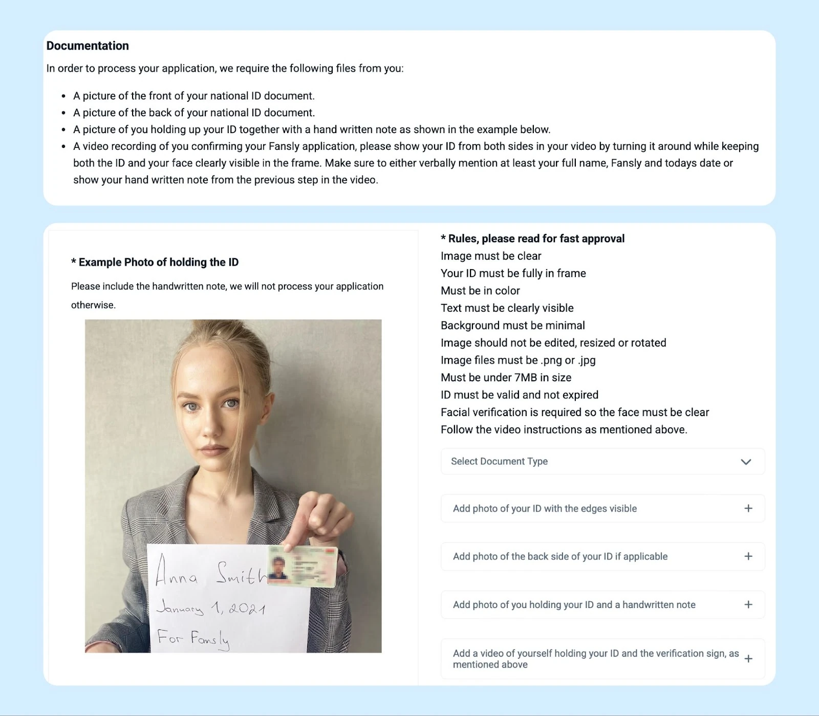 Document and photo requirements for Fansly verification