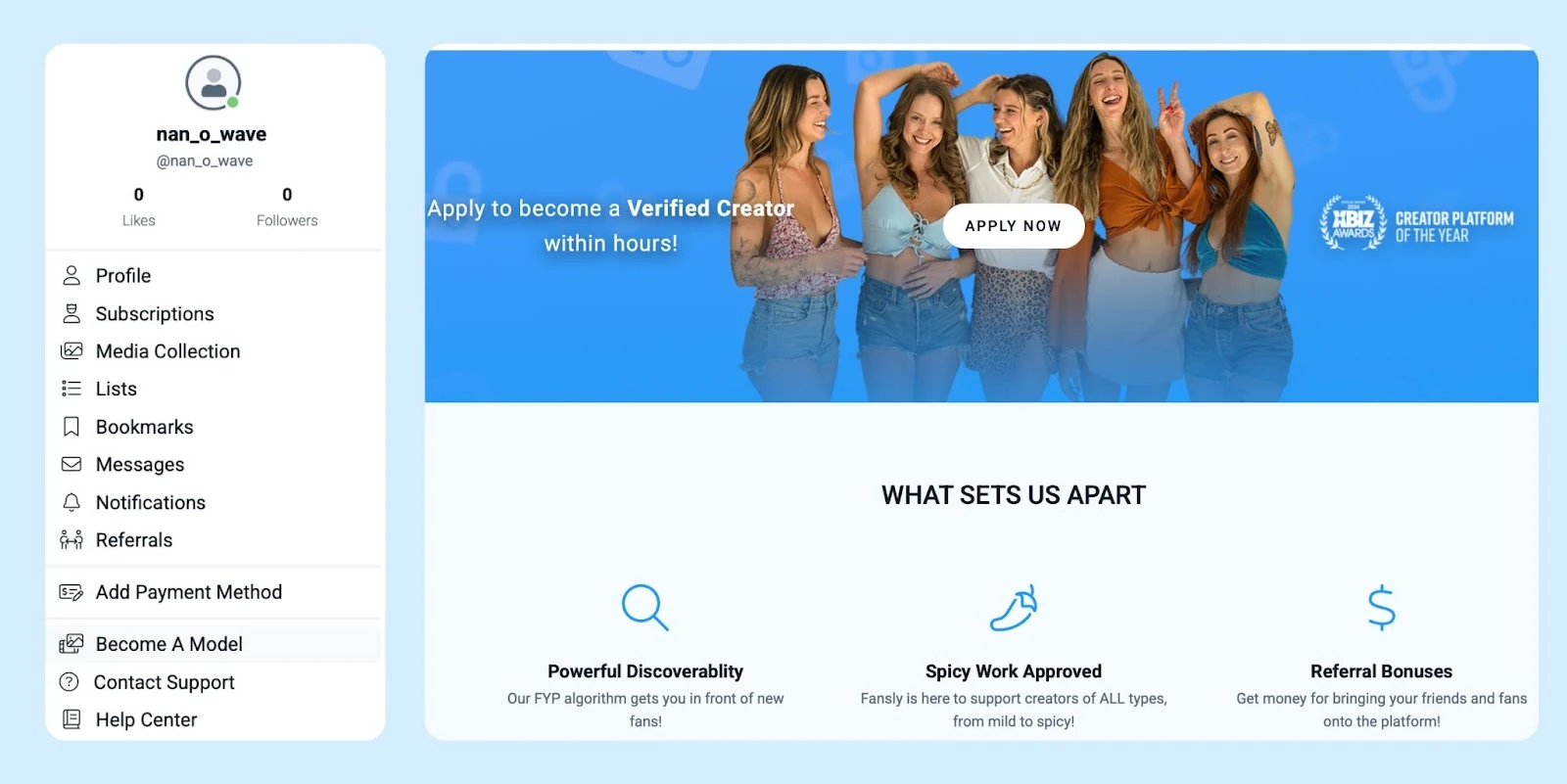 The Fansly creator verification application section