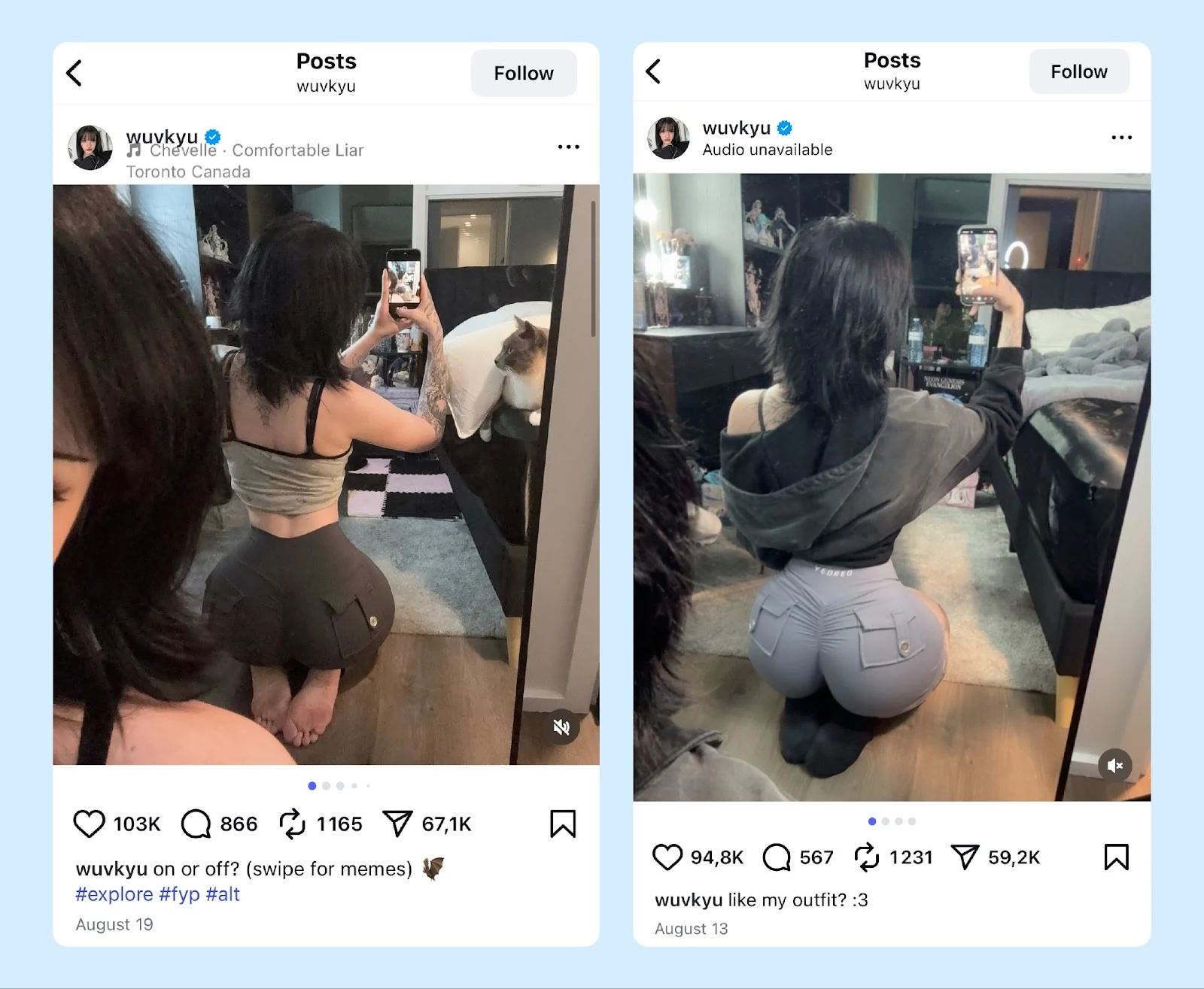 Публикации модели с разными подписями в Instagram