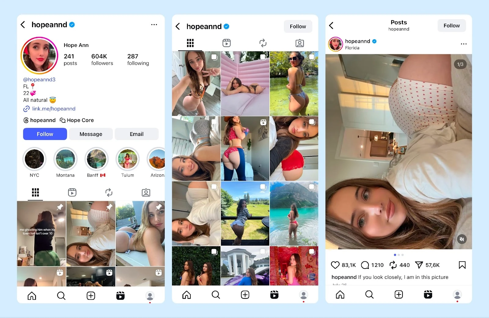 Профиль модели и сетка публикаций в Instagram