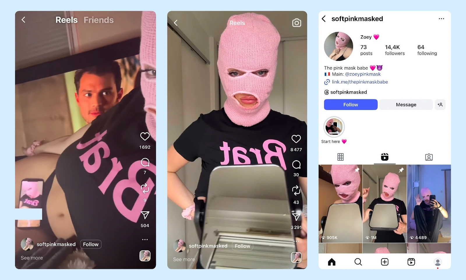 Reels модели с закрытым лицом и профиль Instagram
