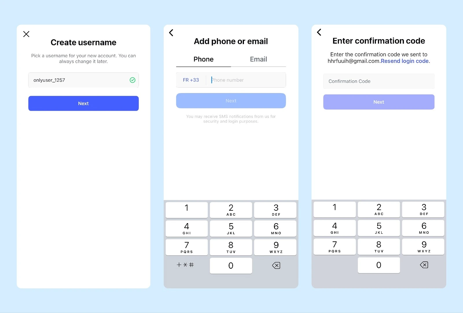 Creating an Instagram account and confirming contact details