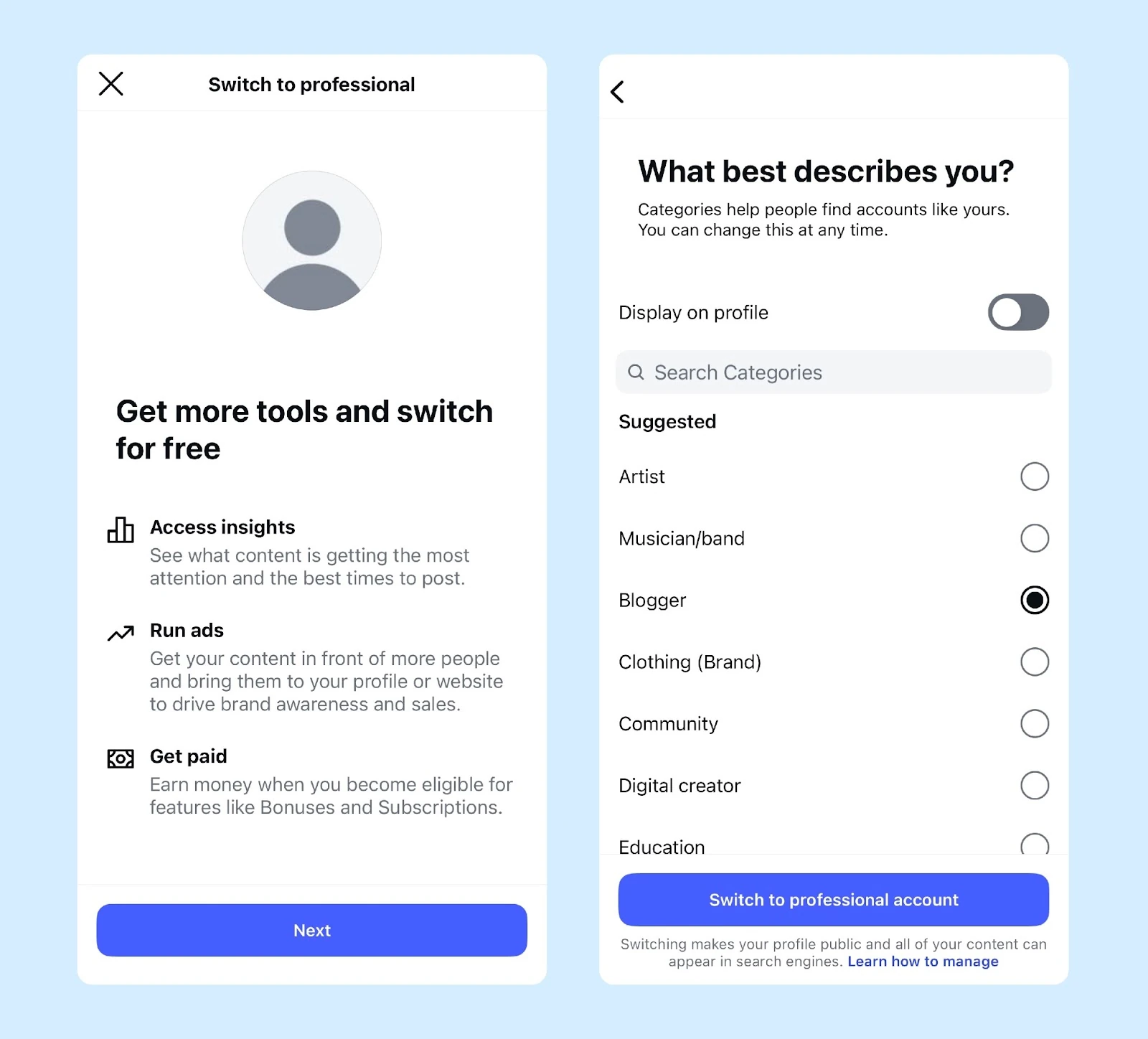 Switching Instagram to a professional account and selecting a category