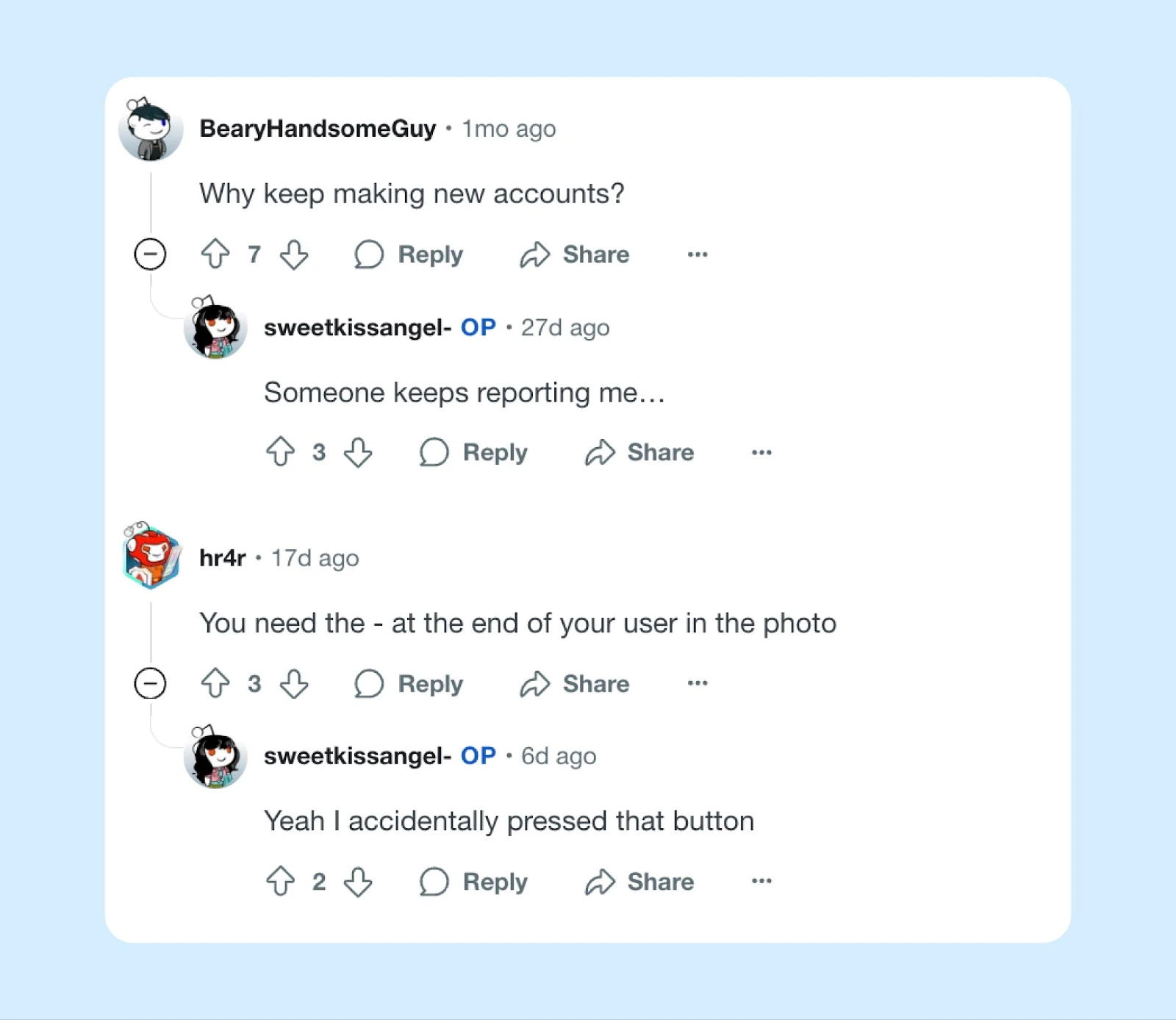 Обсуждение повторных аккаунтов в комментариях Reddit