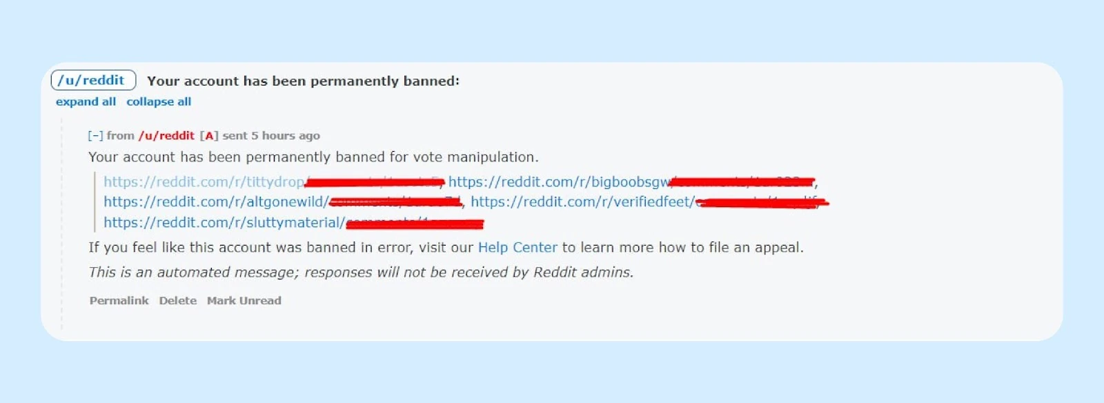 Письмо Reddit о постоянной блокировке аккаунта