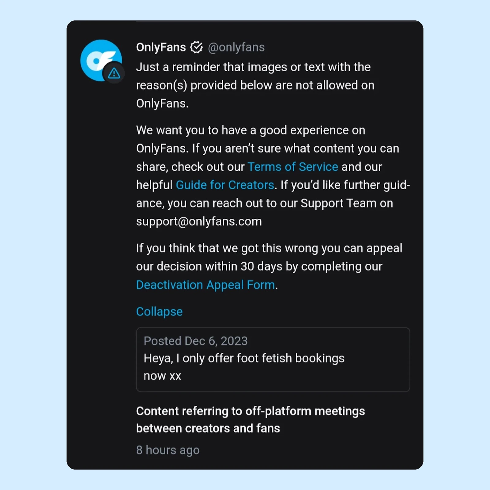 An OnlyFans post about the prohibition on offering in-person meetings