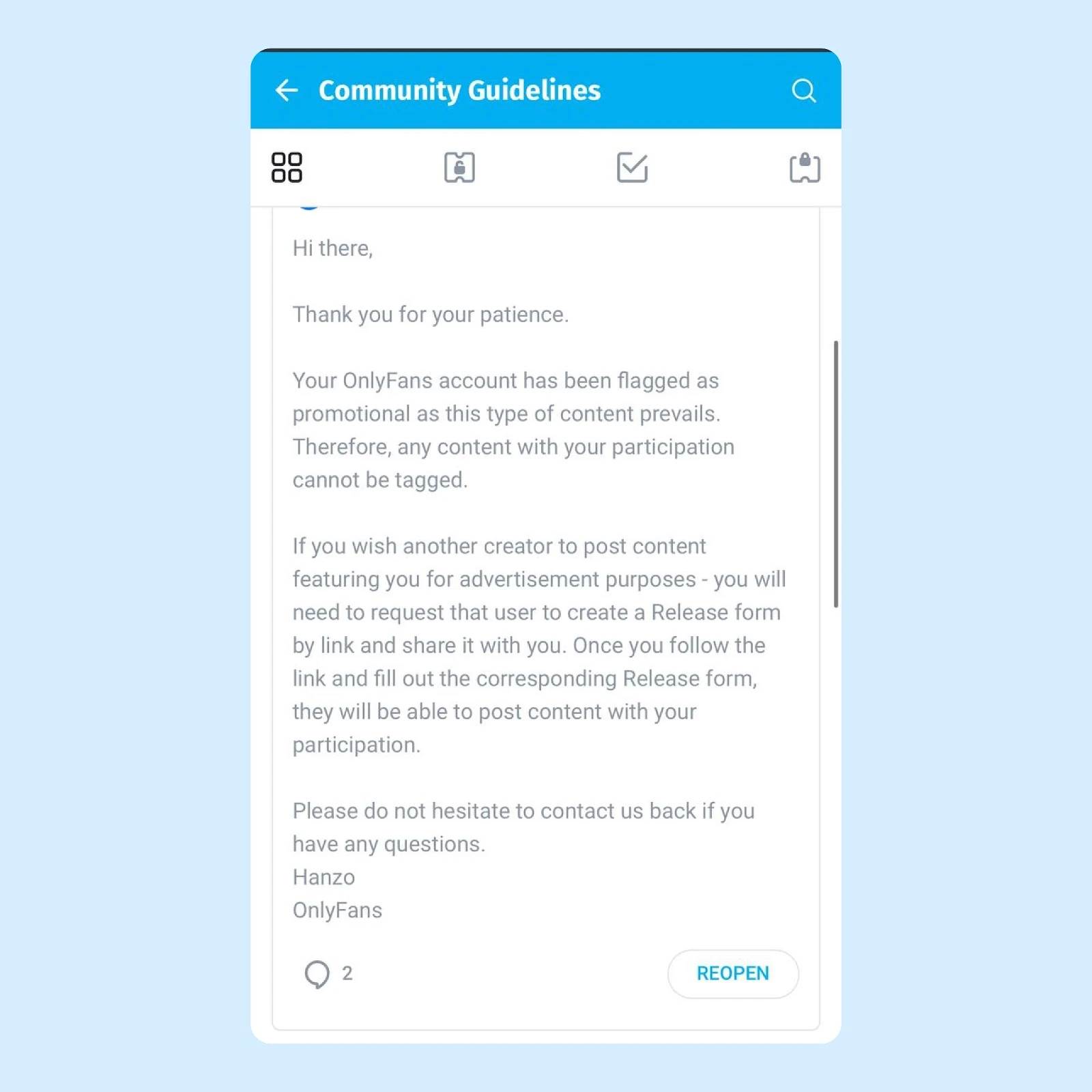 A message about an OnlyFans content violation flag being removed