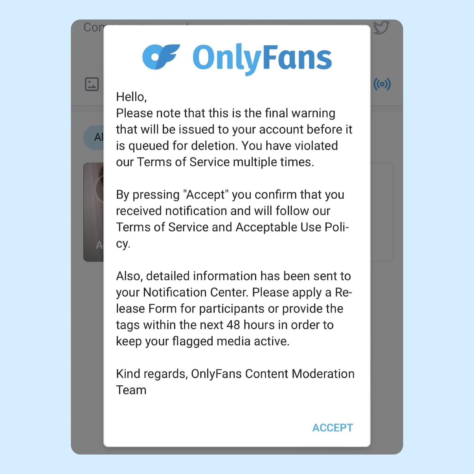 An OnlyFans moderation warning about repeated violations