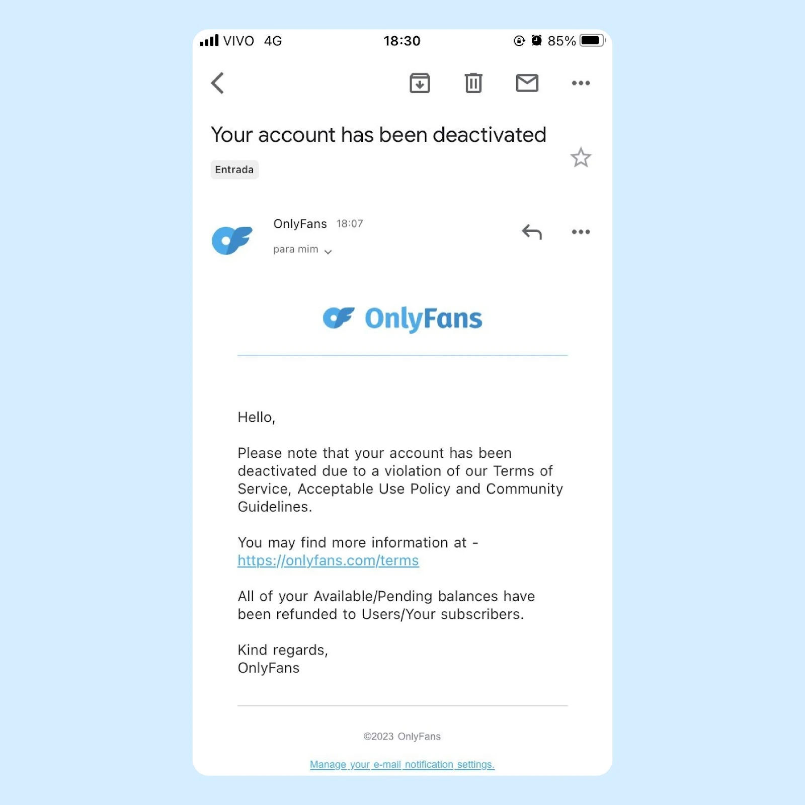 An OnlyFans account deactivation email