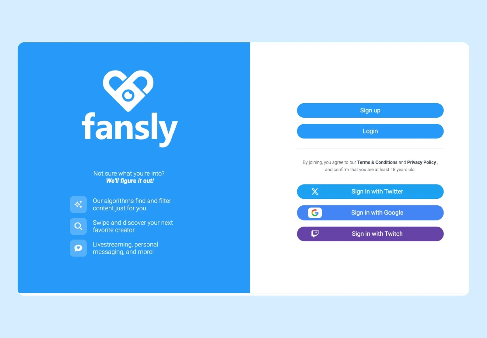 The Fansly login and registration page