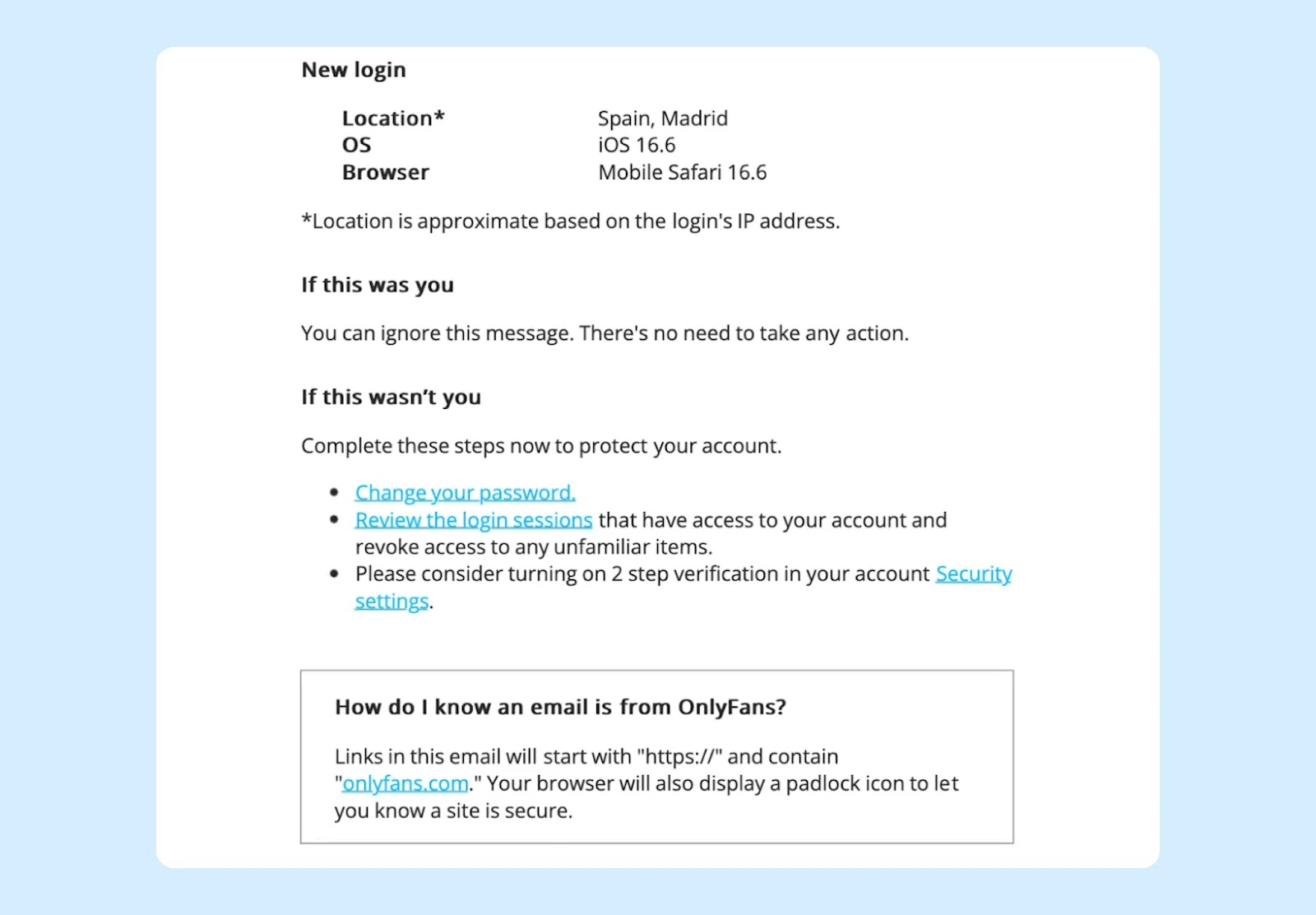 An OnlyFans notification of a new account login