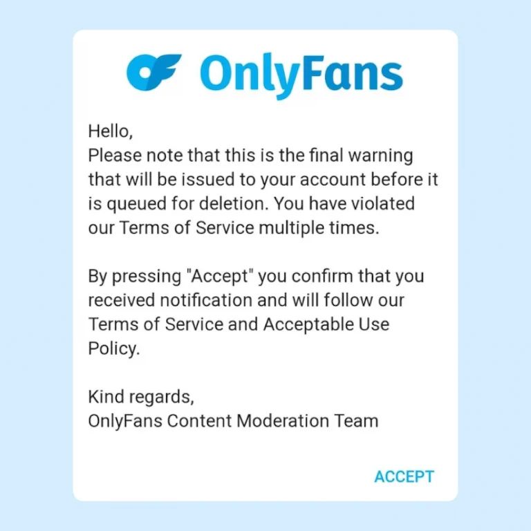 Предупреждение OnlyFans о нарушении условий использования