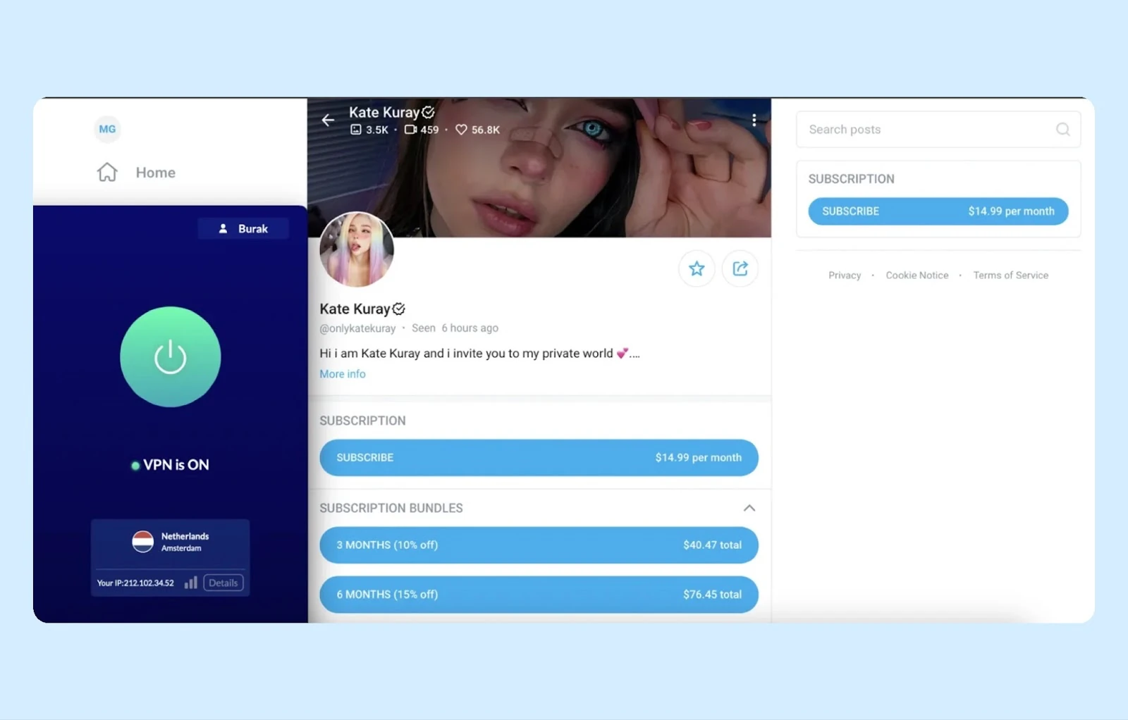 An OnlyFans creator profile and a network connection service