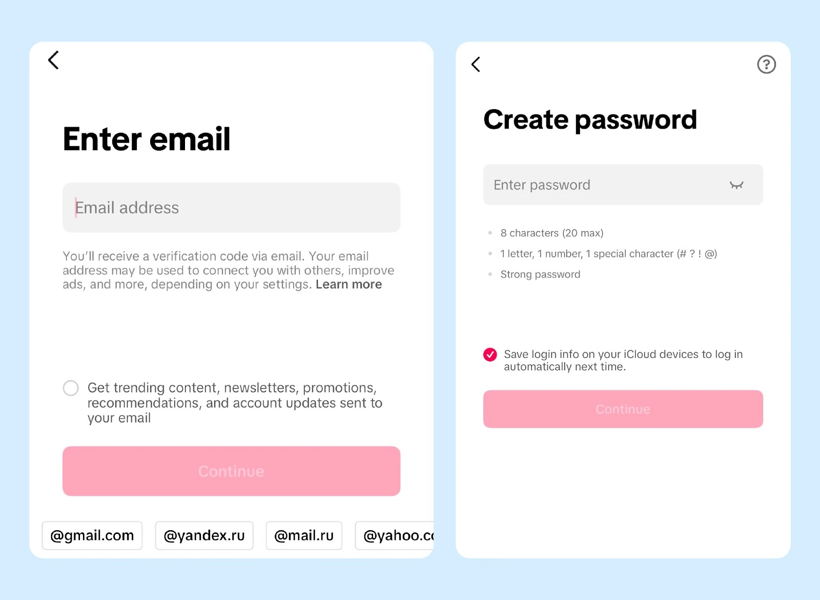 Creating a TikTok account with an email address and password