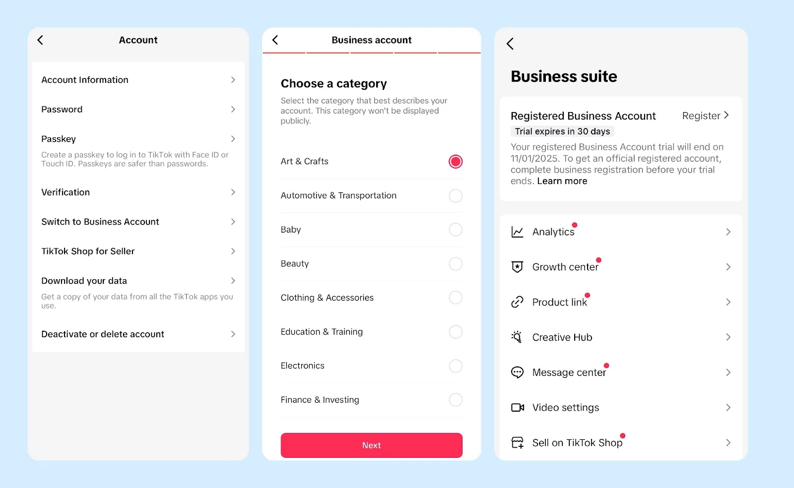 Selecting a business account and category on TikTok
