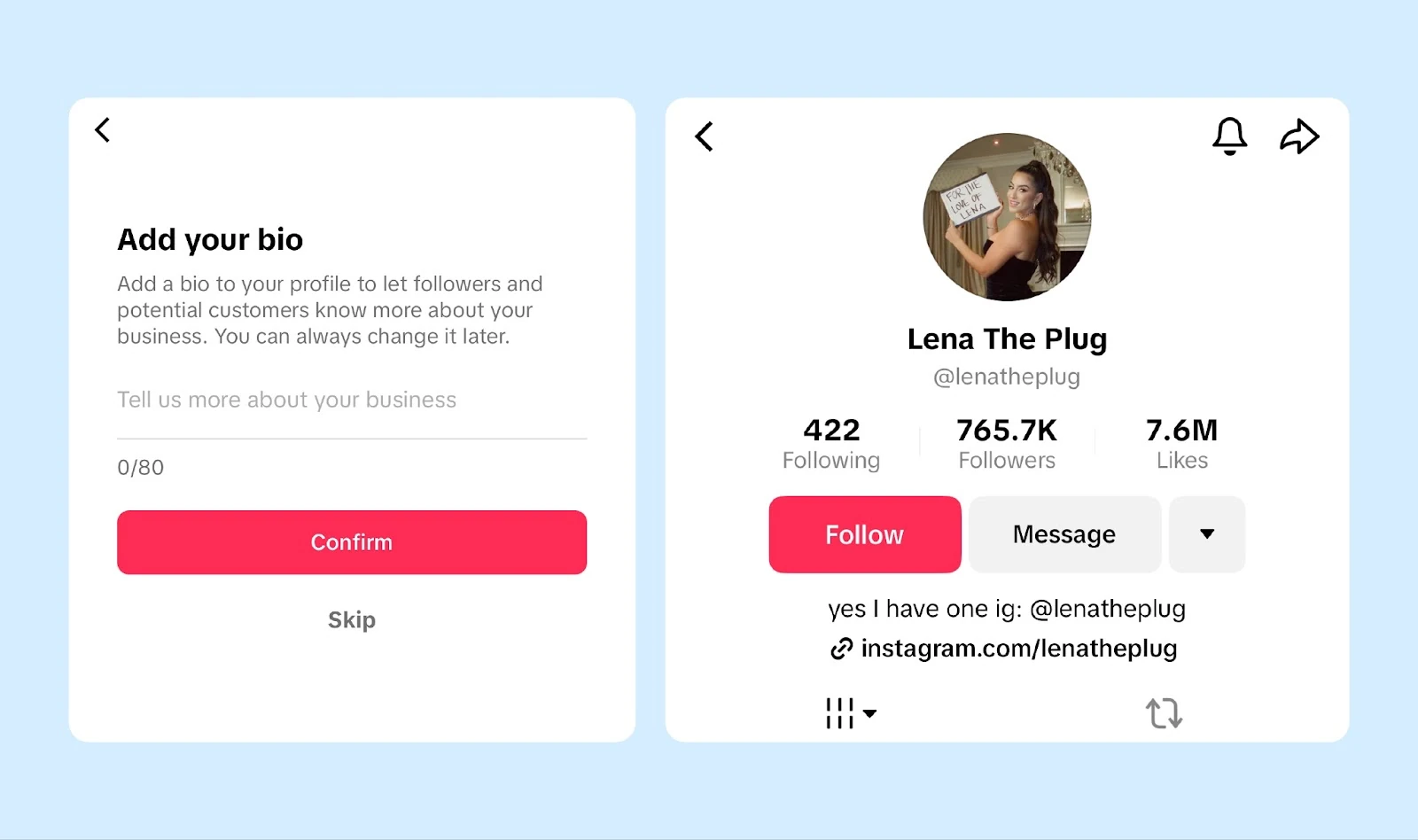 Adding a bio and an example TikTok creator profile