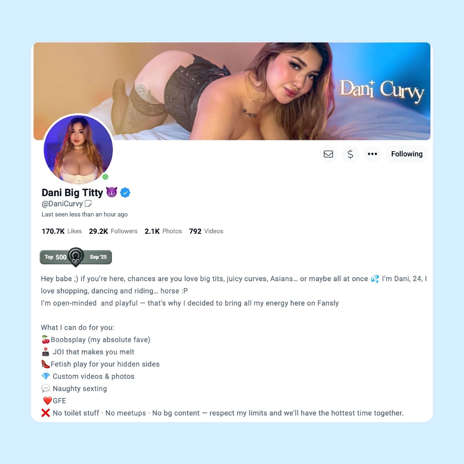 Описание профиля модели Dani Big Titty на Fansly