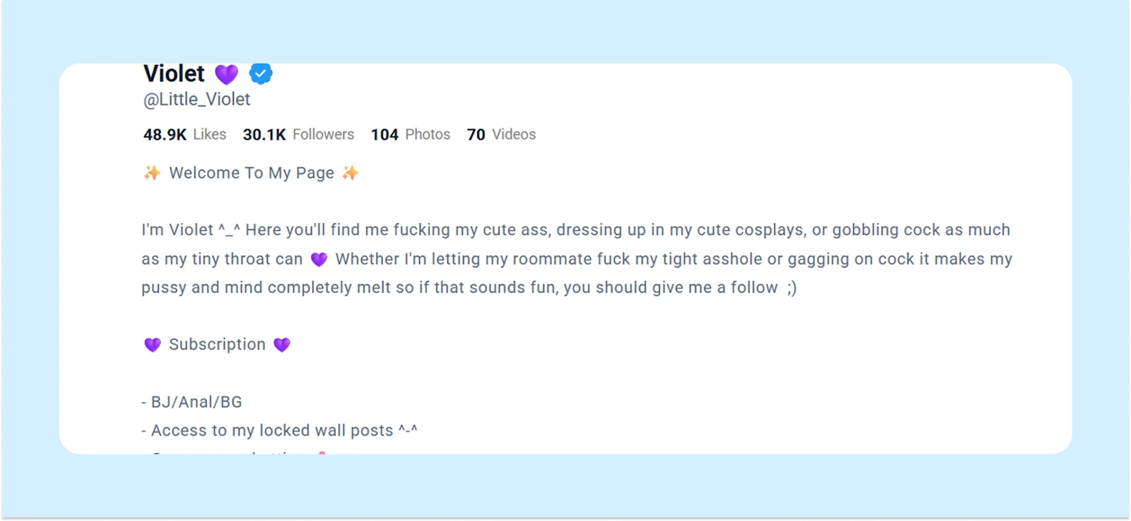 Описание профиля модели Violet на OnlyFans