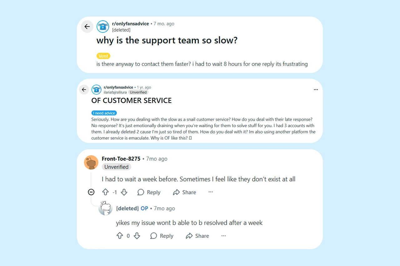 A Reddit discussion about OnlyFans support response times