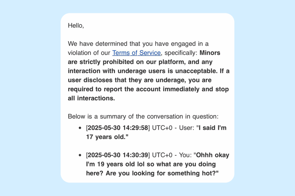 A Fansly notice about a violation of rules for user interactions
